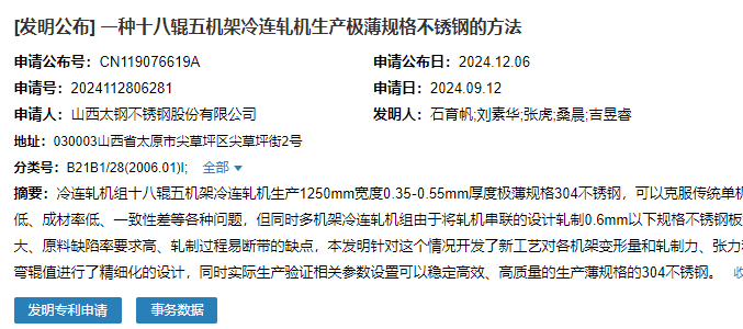 山西太鋼申請(qǐng)一種十八輥五機(jī)架冷連軋機(jī)生產(chǎn)極薄規(guī)格不銹鋼的方法專利